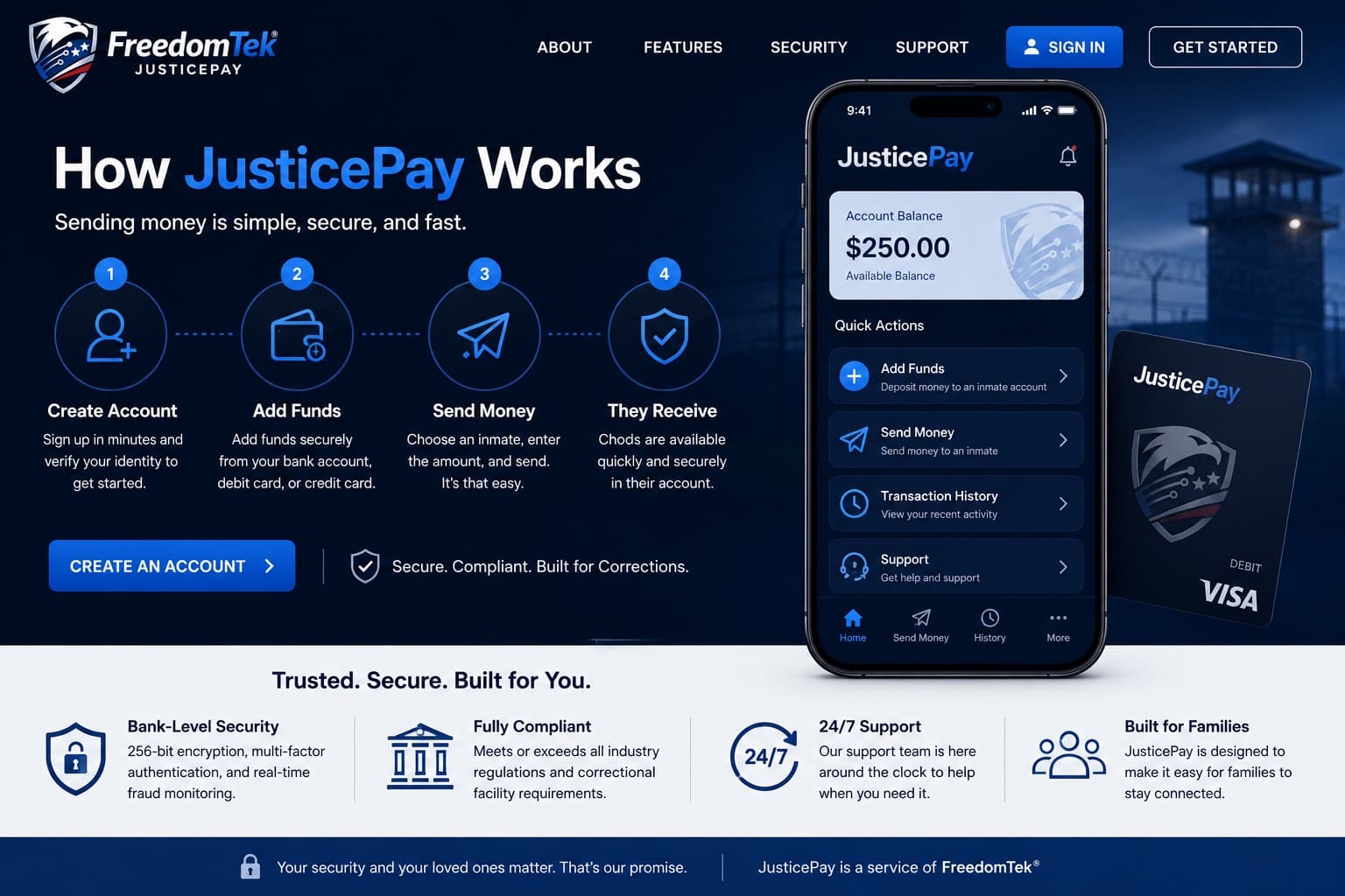 JusticePay app showing account creation, funding, sending, and receipt steps